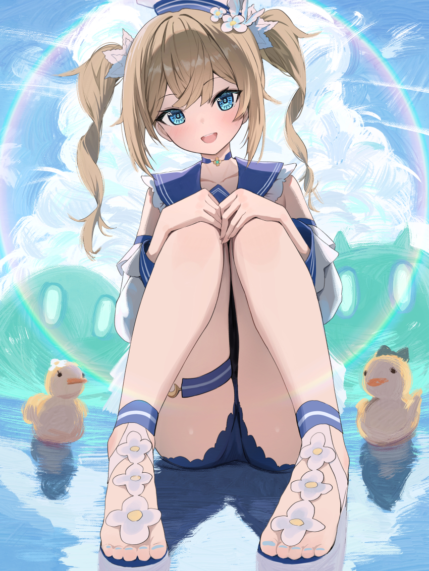 1girl, absurdres, barbara_(genshin_impact), barbara_(summertime_sparkle)_(genshin_impact), bird, blonde_hair, blue_choker, blue_eyes