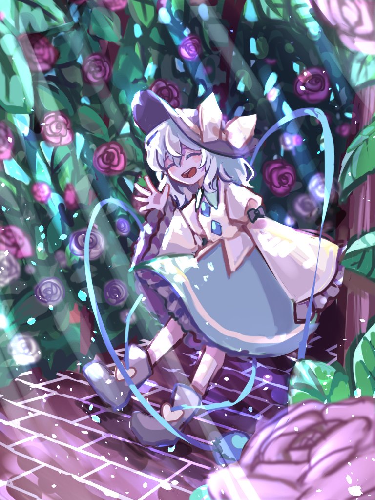 1girl, :d, black_boots, black_hat, blouse, blush, boots, bow