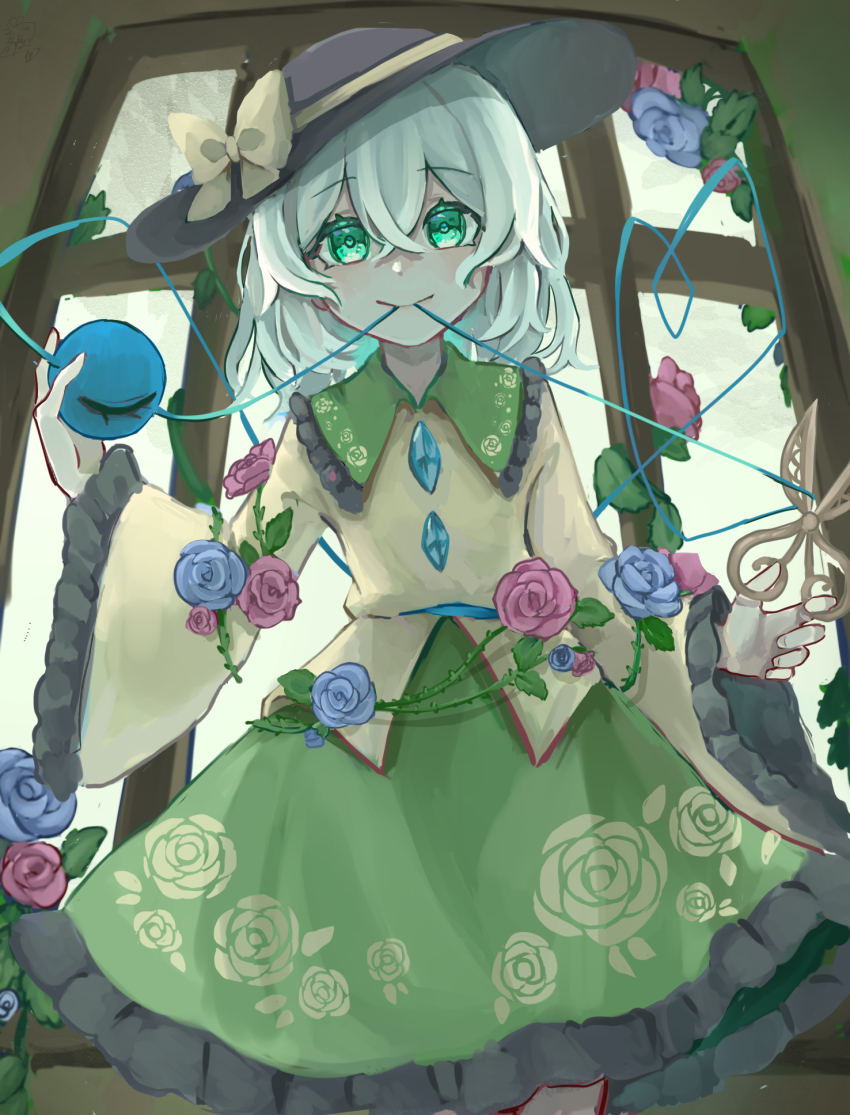 1girl, black_hat, blouse, blue_flower, blue_rose, bow, buttons, closed_mouth