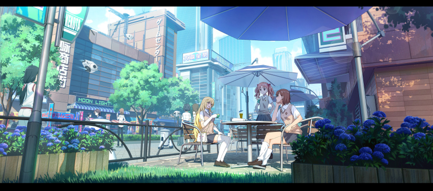 4boys, 6+girls, academy_city, armband, bag, black_hair, black_pants, black_skirt, blonde_hair, blue_flower, blue_sailor_collar, blue_skirt, brown_footwear, brown_hair, brown_sweater_vest, building, cafe, chair, cityscape, cleaning_robot, collared_shirt, commentary_request, cup, day, drinking_glass, drone, elbow_gloves, elbow_on_table, flower, gloves, green_armband, gym_shirt, gym_shorts, gym_uniform, hair_ribbon, handbag, hands_on_own_hips, head_rest, highres, holding, holding_cup, kongou_mitsuko, kuroha_(pixiv91542816), letterboxed, long_hair, loose_socks, low_ponytail, misaka_mikoto, misaka_misuzu, multiple_boys, multiple_girls, on_chair, outdoors, pants, pleated_skirt, ponytail, red_ribbon, ribbon, road, sailor_collar, sakugawa_school_uniform, school_emblem, school_uniform, serafuku, shirai_kuroko, shirt, shokuhou_misaki, short_hair, short_sleeves, shorts, sitting, skirt, sky, skyscraper, sleeveless, sleeveless_shirt, socks, sparkling_eyes, star_(symbol), star_print, street, sunlight, sweater_vest, teacup, thighhighs, toaru_kagaku_no_railgun, toaru_kagaku_no_railgun_t, toaru_majutsu_no_index, tokiwadai_school_uniform, tree, twintails, umbrella, white_gloves, white_shirt, white_shorts, white_socks, white_thighhighs, yellow_eyes