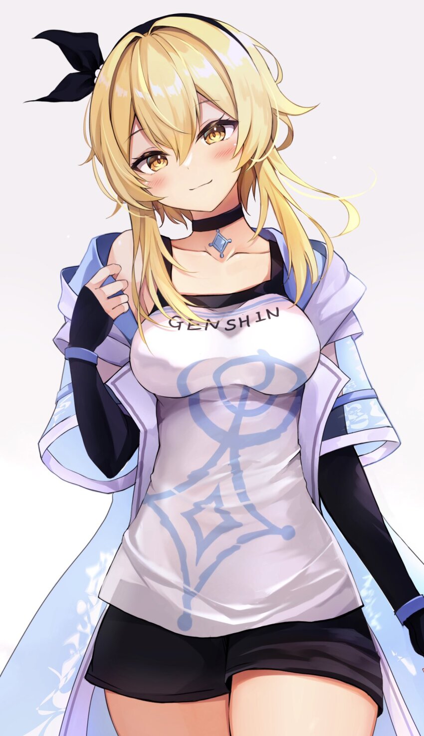 1girl, black_choker, black_hairband, black_shorts, black_sleeves, blonde_hair, blush, breasts