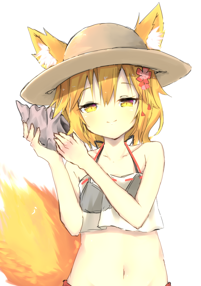 1girl, bikini, black_bikini, blonde_hair, choro_tofu, ears_through_headwear, flat_chest, flower, fox_girl, fox_tail, hair_flower, hair_ornament, hat, holding, holding_shell, looking_at_viewer, navel, seashell, senko_(sewayaki_kitsune_no_senko-san), sewayaki_kitsune_no_senko-san, shell, short_hair, simple_background, smug, solo, sun_hat, swimsuit, tail, upper_body, white_background