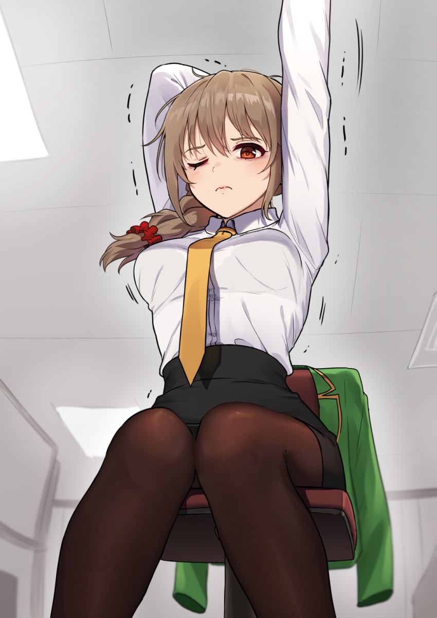 1girl, ;(, arms_up, black_skirt, blush, breasts, brown_hair, chair