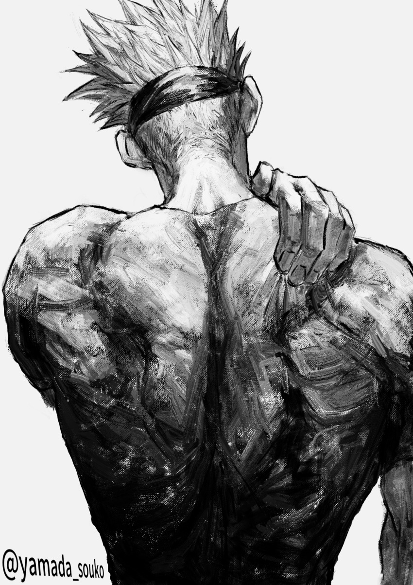 1boy, blindfold, from_behind, gojo_satoru, greyscale, hand_on_own_shoulder, highres, jujutsu_kaisen