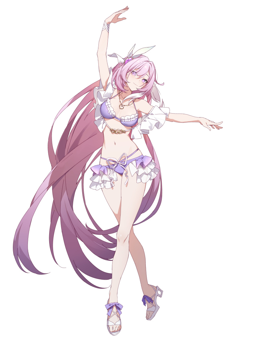 1girl, absurdres, alternate_costume, bare_legs, bikini, breasts, chinese_commentary, elysia_(herrscher_of_human:_ego)_(honkai_impact), elysia_(honkai_impact), elysia_(summer_2023)_(honkai_impact), full_body, high_heel_sandals, high_heels, highres, honkai_(series), honkai_impact_3rd, jewelry, long_hair, looking_at_viewer, medium_breasts, navel, necklace, official_art, open_hands, outstretched_arms, pink_eyes, pink_hair, sandals, simple_background, smile, solo, swimsuit, sylvia_(huajiuhuajiu), very_long_hair, white_background, white_headwear, white_sandals