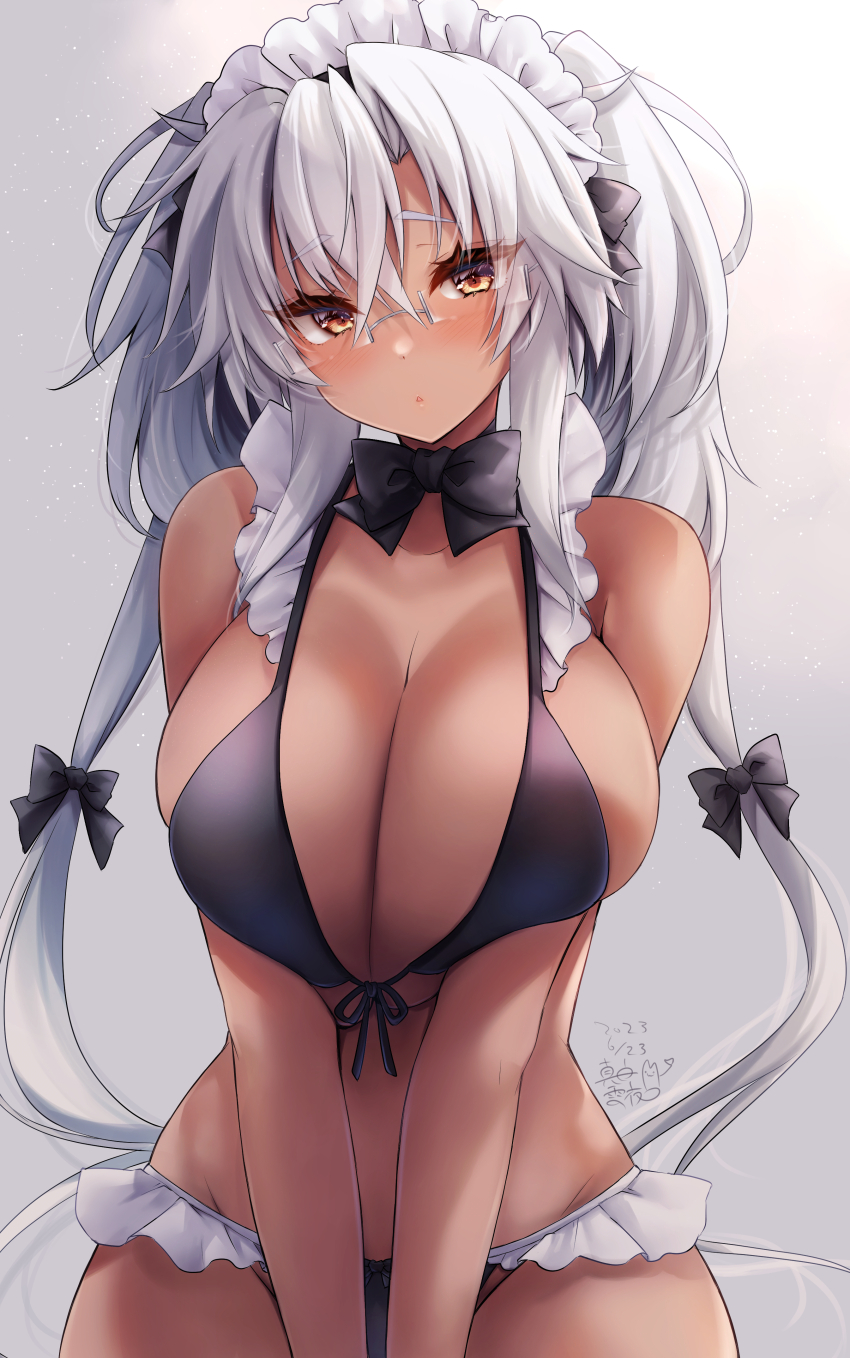 1girl, absurdres, bikini, black_bra, black_panties, blush, bra, breasts