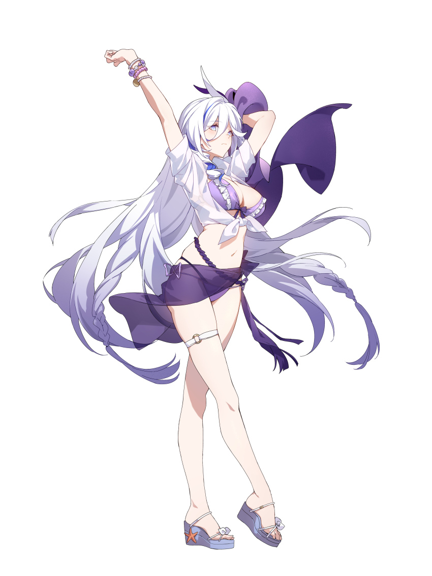 1girl, absurdres, alternate_costume, arm_up, bikini, blue_eyes, blush, bracelet