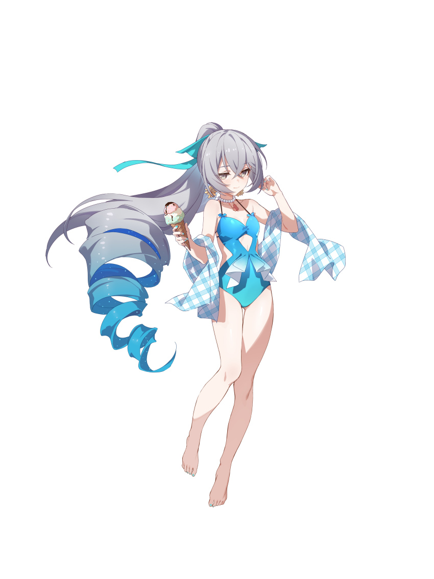 1girl, absurdres, alternate_costume, bare_legs, barefoot, blue_shawl, blush, breasts, bronya_zaychik, bronya_zaychik_(herrscher_of_truth), bronya_zaychik_(summer_2023), chinese_commentary, closed_mouth, clothing_cutout, collarbone, cutout_above_navel, drill_hair, full_body, grey_eyes, grey_hair, high_ponytail, highres, honkai_(series), honkai_impact_3rd, ice_cream_cone, jewelry, looking_at_viewer, nail_polish, necklace, official_art, ponytail, shawl, simple_background, single_drill, small_breasts, solo, sylvia_(huajiuhuajiu), toes, white_background
