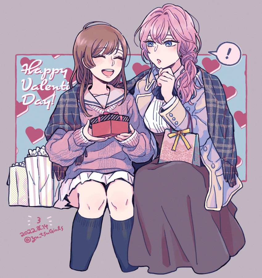 !, 2girls, :d, artist_name, asahina_yui, bag, black_skirt, black_socks, blue_eyes, blush, breasts, closed_eyes, dated, gift, hand_up, happy_valentine, highres, kneehighs, kousaka_rei, la_corda_d'oro_starlight_orchestra, long_hair, long_sleeves, looking_at_another, medium_breasts, multiple_girls, open_mouth, pe88y_(yu_tsugirls), pink_hair, pink_sweater, plaid_clothes, plaid_scarf, scarf, shared_clothes, shared_scarf, shopping_bag, sitting, skirt, smile, socks, spoken_exclamation_mark, sweater, yuri