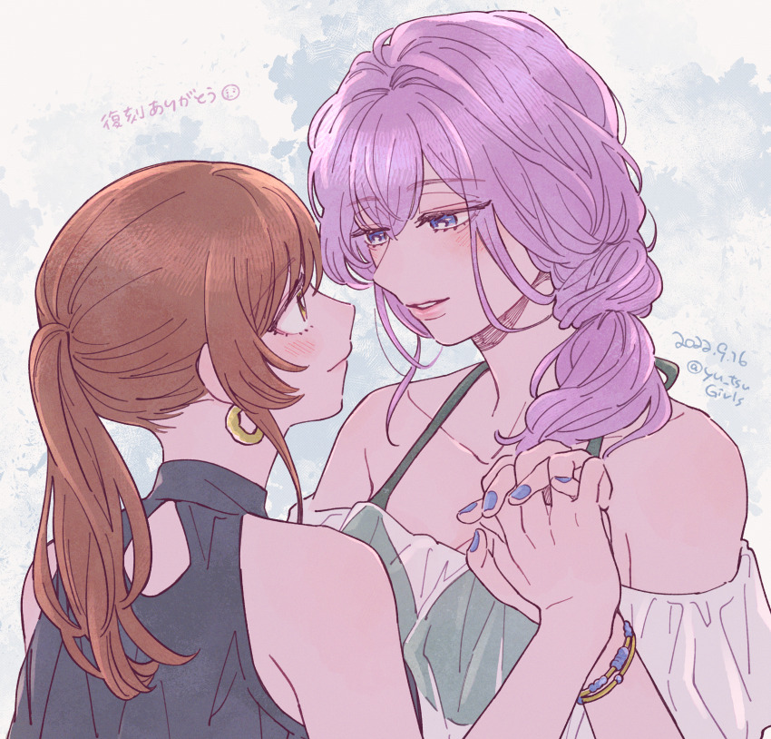 2girls, artist_name, asahina_yui, black_dress, blue_eyes, blue_nails, blush, bracelet