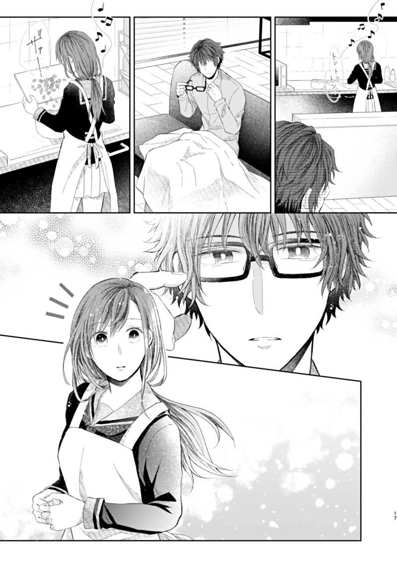 1boy, 1girl, apron, asahina_yui, beamed_eighth_notes, black-framed_eyewear, cooking, cutting_board