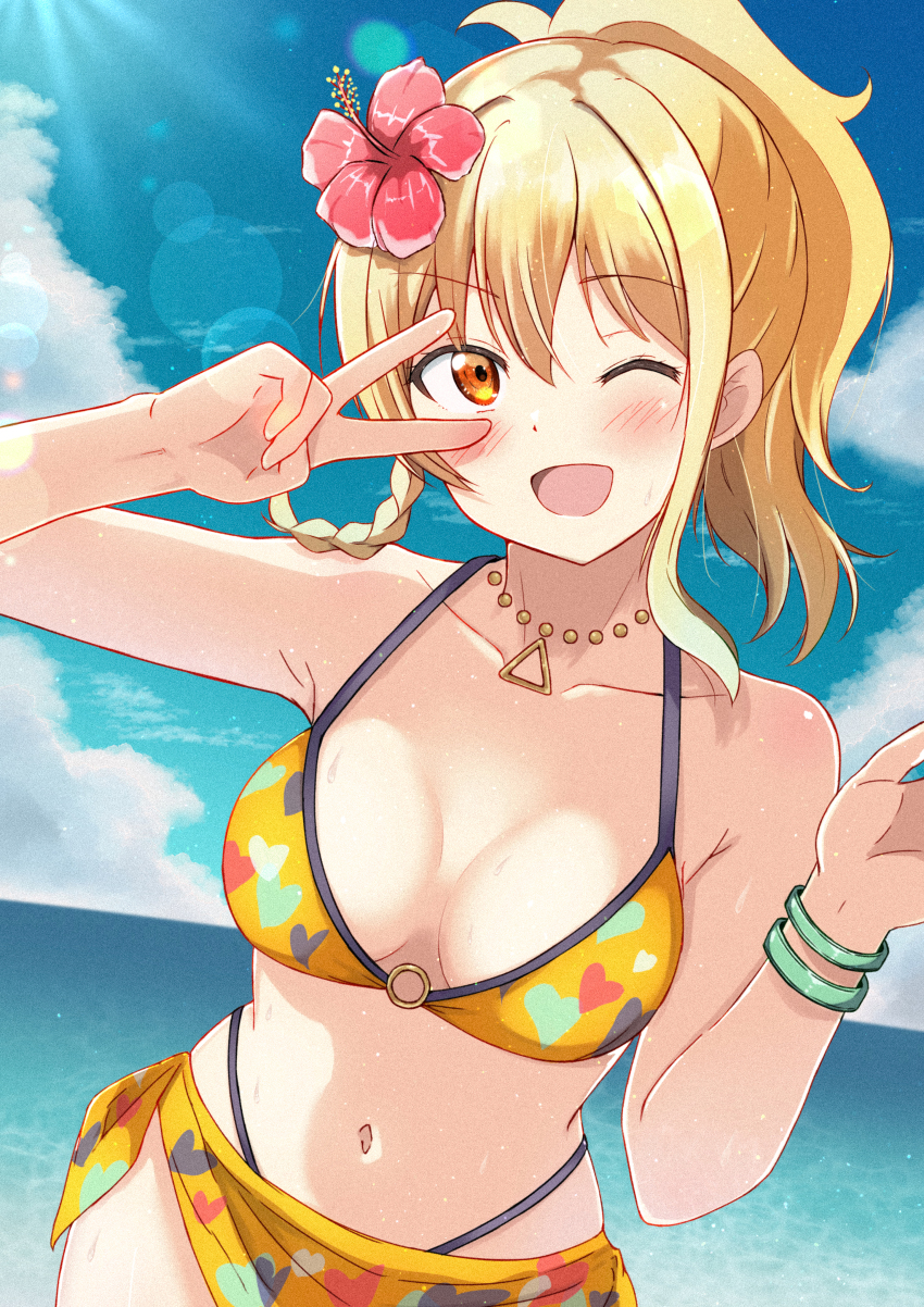 1girl, ;d, absurdres, bikini, blonde_hair, blue_sky, bracelet, breasts