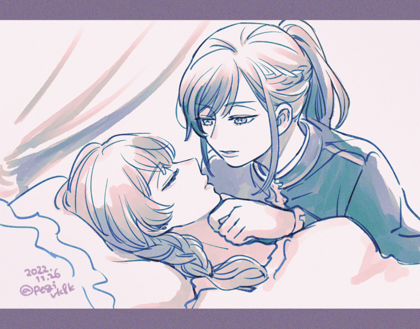 2girls, asahina_yui, closed_eyes, dated, highres, indoors, kousaka_rei, la_corda_d'oro_starlight_orchestra