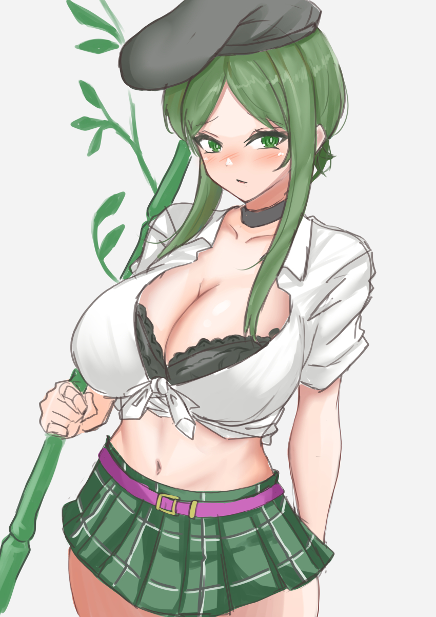 1girl, absurdres, alternate_costume, breasts, cleavage, collarbone, commentary_request, cowboy_shot, crop_top, green_eyes, green_hair, green_skirt, hat, highres, holding_bamboo_shoot, huge_breasts, kuraki, leaf, looking_to_the_side, midriff, navel, parted_bangs, plaid_clothes, plaid_skirt, short_hair_with_long_locks, short_sleeves, sidelocks, simple_background, skirt, solo, tate_eboshi, teireida_mai, touhou, white_background