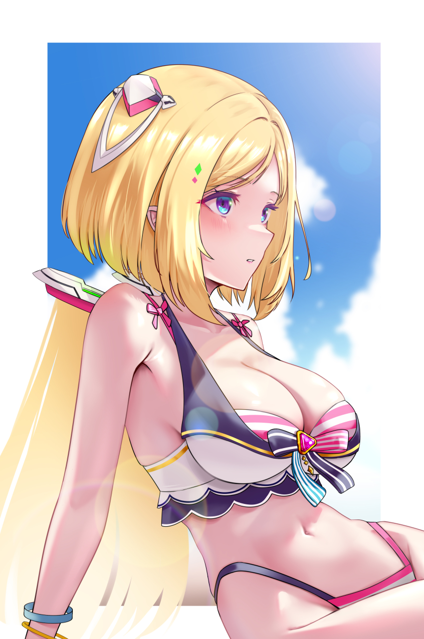 1girl, absurdres, aki_rosenthal, ar-khey, arm_support, bare_shoulders, bikini, blonde_hair