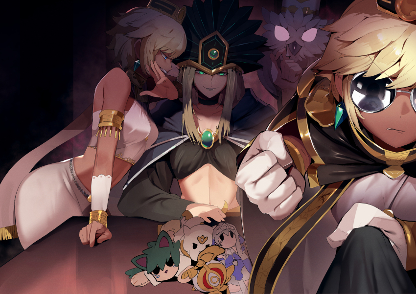 3girls, agido_the_ancient_sentinel, armlet, bird, blonde_hair, cape, character_doll, clenched_hand, clothes_pull, commission, crop_top, doll, duel_monster, earrings, felis_lightsworn_archer, gloves, green_eyes, hand_up, hat, highres, jewelry, kitkallos_(yu-gi-oh!), long_hair, lumina_lightsworn_summoner, lumina_twilightsworn_shaman, midriff, minerva_the_exalted_lightsworn, multiple_girls, owl, pixiv_commission, pov, ro_g_(oowack), ryko_lightsworn_hunter, selene_queen_of_the_master_magicians, shadowpriestess_of_ohm, shirt_pull, short_hair, smile, sunglasses, table, tearlaments_kitkallos, white_gloves, yu-gi-oh!