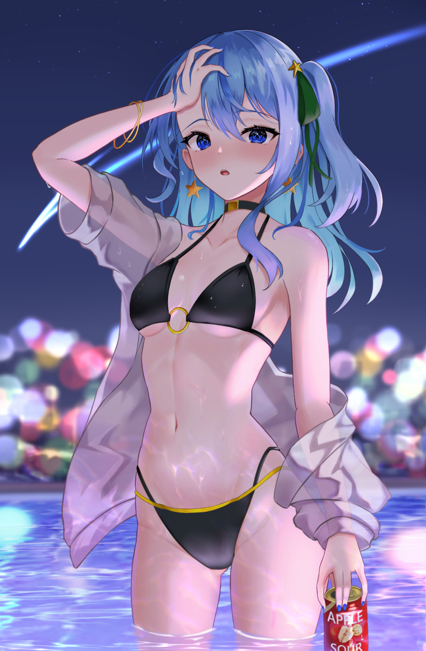 1girl, bare_shoulders, bikini, black_bikini, black_choker, blue_eyes, blue_hair, blue_nails, blush, breasts, can, choker, cleavage, collarbone, earrings, hair_between_eyes, highres, hololive, hoshimachi_suisei, jacket, jacket_partially_removed, jewelry, long_hair, looking_at_viewer, nail_polish, navel, off_shoulder, one_side_up, open_mouth, partially_submerged, see-through_clothes, small_breasts, solo, star_(symbol), star_earrings, stomach, swimsuit, telu_(teluscarlet), virtual_youtuber, water