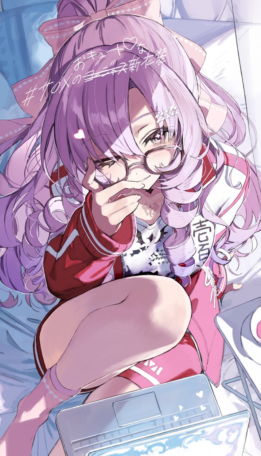 1girl, bow, chest_tattoo, computer, drill_hair, glasses, hair_bow, hair_ornament