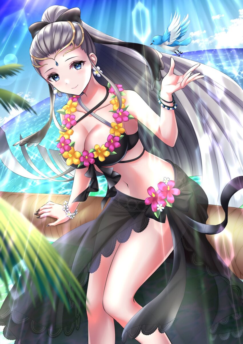 1girl, beach, bikini, bird, black_bikini, black_nails, blue_bird, blue_eyes, breasts, circlet, eir_(fire_emblem), eir_(summer)_(fire_emblem), fire_emblem, fire_emblem_heroes, grey_hair, high_ponytail, highres, kakiko210, large_breasts, looking_at_viewer, nail_polish, nintendo, ocean, official_alternate_costume, palm_tree, ponytail, smile, swimsuit, tree