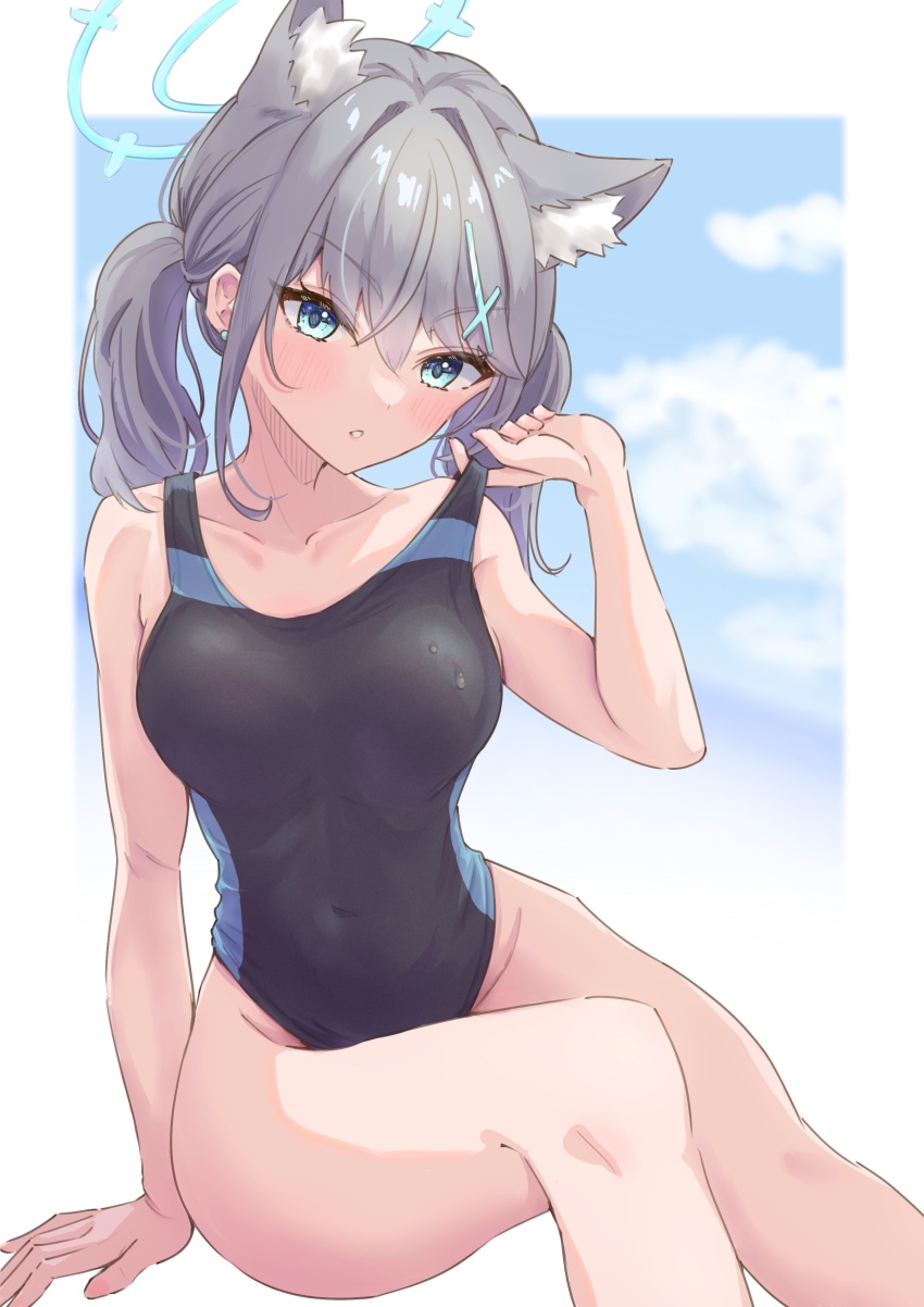 1girl, absurdres, animal_ear_fluff, animal_ears, bad_source, black_one-piece_swimsuit, blue_archive, blue_eyes
