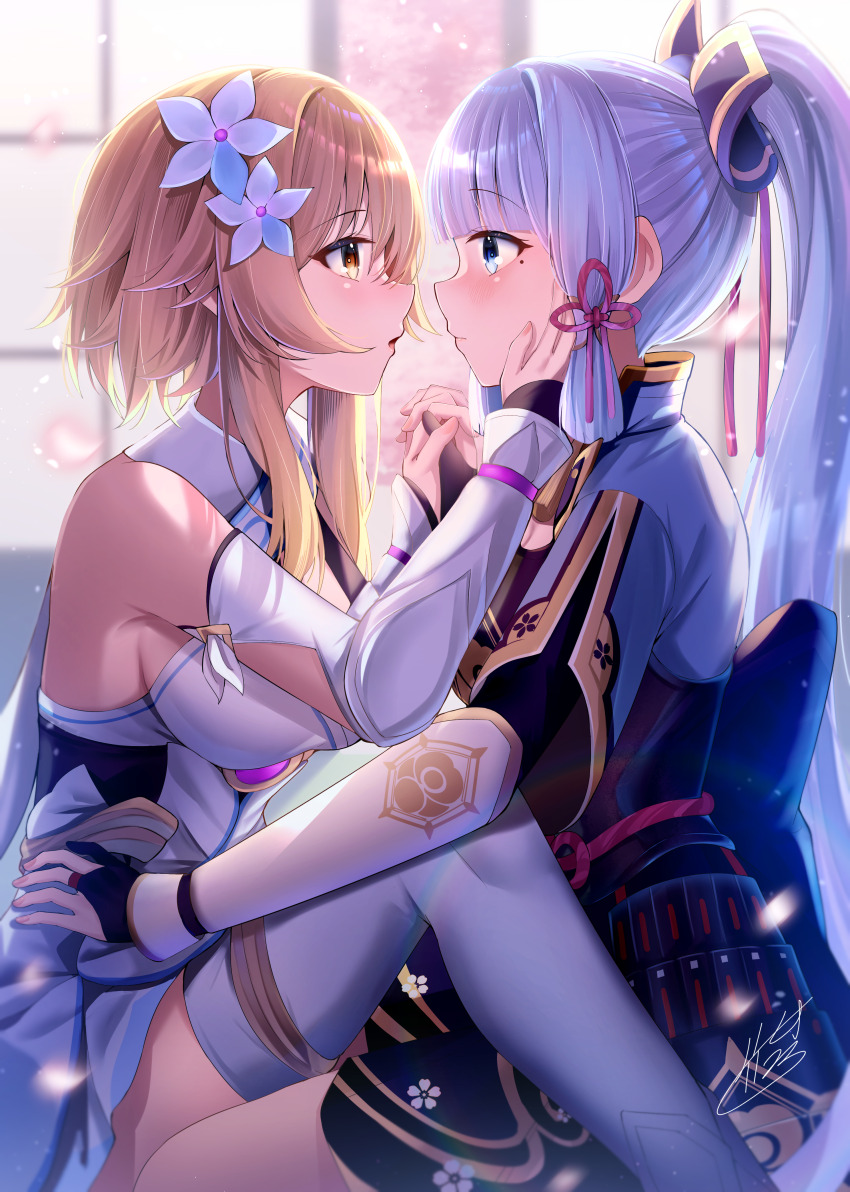 2girls, absurdres, armor, ayaka_(genshin_impact), blonde_hair, blue_eyes, blue_hair, blunt_bangs