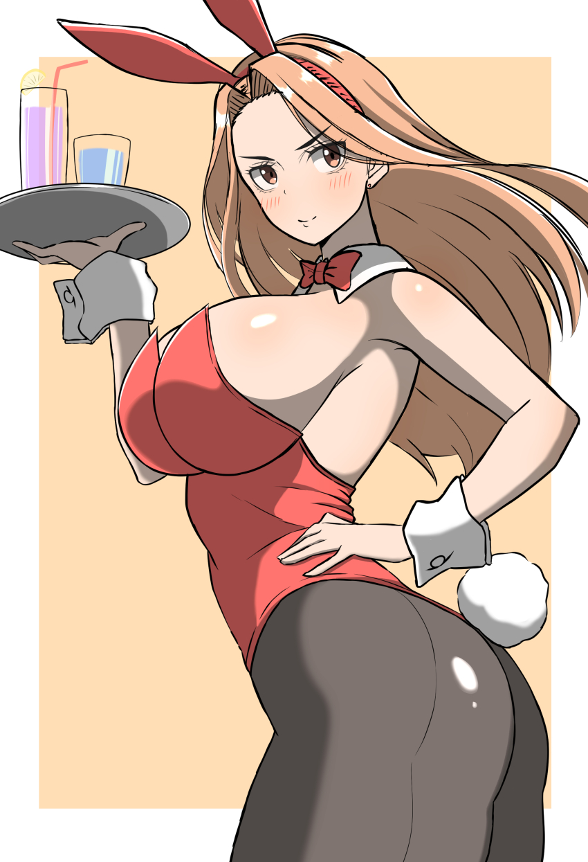 1girl, absurdres, animal_ears, black_leotard, blush, bow, bowtie, breasts, detached_collar, earrings, fake_animal_ears, fake_tail, fishnets, highleg, highleg_leotard, highres, holding, holding_plate, jewelry, large_breasts, leotard, light_brown_hair, long_hair, pantyhose, plate, playboy_bunny, puchimosu_(mosu1427), rabbit_ears, rabbit_tail, red_leotard, shiba_yuzuha, sideboob, smile, strapless, strapless_leotard, stud_earrings, tail, tokyo_revengers, wrist_cuffs
