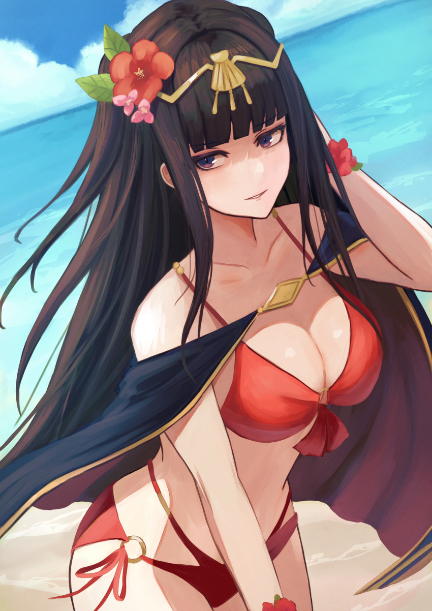 1girl, alternate_costume, bikini, black_eyes, black_hair, blunt_bangs, breasts, cape, cleavage, female_focus, fire_emblem, fire_emblem_awakening, fire_emblem_heroes, hair_ornament, highres, labebebe_lee, long_hair, looking_at_viewer, matching_hair/eyes, medium_breasts, multi-strapped_bikini, navel, nintendo, o-ring, o-ring_bikini, o-ring_bottom, o-ring_top, official_alternate_costume, parted_lips, red_bikini, smile, solo, stomach, swimsuit, tharja_(fire_emblem), tharja_(summer)_(fire_emblem), tiara, two_side_up