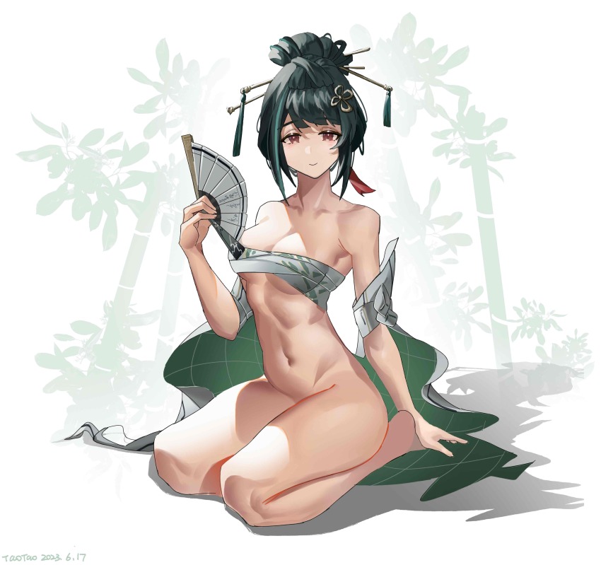 1girl, absurdres, bamboo, bandaged_chest, closed_mouth, folding_fan, green_hair, hair_ornament, hand_fan, hanying:_zitherwoe_(pgr), hanying_(pgr), highres, holding, holding_fan, looking_at_viewer, medium_hair, navel, nude, punishing:_gray_raven, red_eyes, taotao_bujue