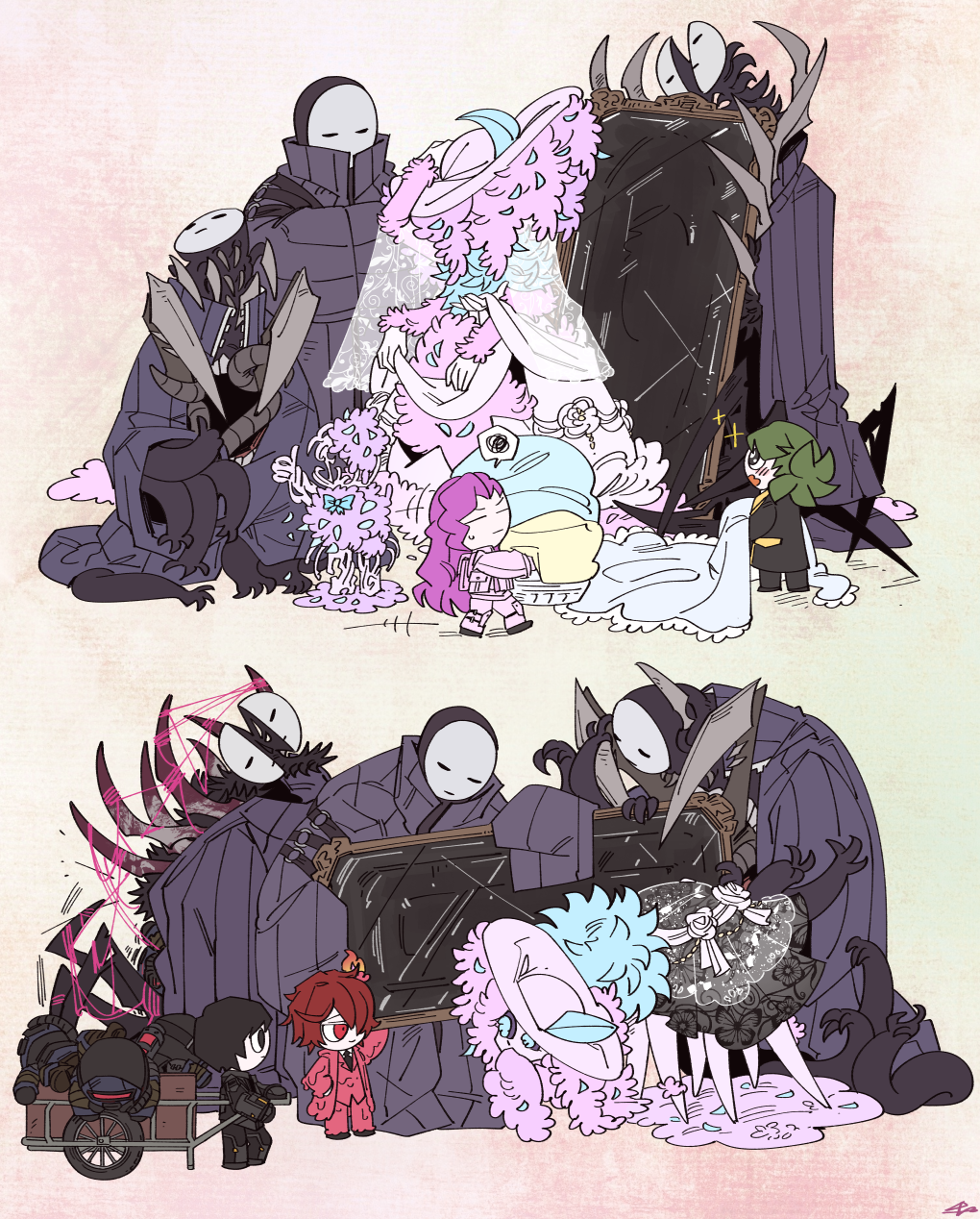 4others, adoration_(e.g.o), alriune, black_dress, black_eyes, black_hair, blue_coat, blue_feathers