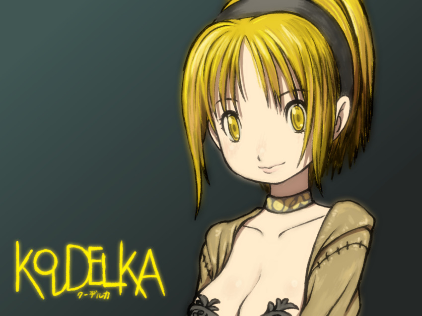 1girl, beeru_(veil8801), black_hairband, blonde_hair, breasts, character_name, choker, cleavage