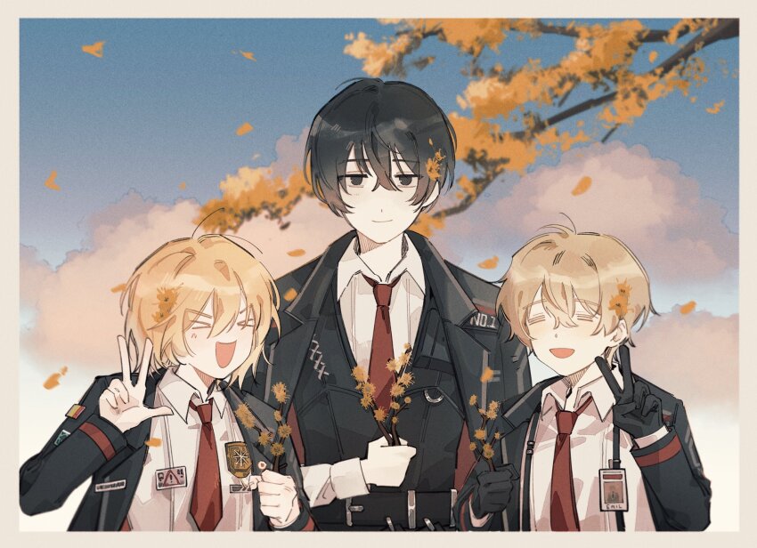 1girl, 2boys, black_coat, black_eyes, black_gloves, black_hair, black_vest, branch