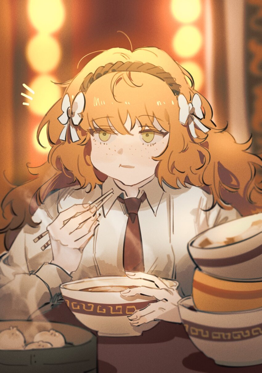 1girl, bamboo_steamer, bow, bowl, chopsticks, collared_shirt, eating, eventhorizon_d, food, freckles, hair_bow, highres, ishmael_(project_moon), limbus_company, liu_association_south_uniform, long_hair, necktie, orange_hair, parted_lips, project_moon, red_necktie, shirt, solo, soup, steam, steamed_bun, table, upper_body, very_long_hair, white_bow, white_shirt