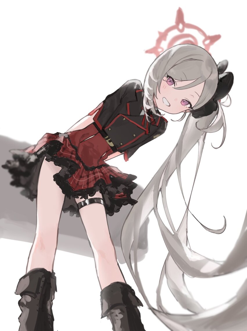 1girl, arms_behind_back, black_boots, black_bow, blue_archive, blush, boots, bow, frilled_skirt, frills, grin, hair_bow, halo, highres, leaning_forward, long_hair, looking_at_viewer, mutsuki_(blue_archive), neck_ribbon, pink_eyes, plaid_clothes, plaid_skirt, red_ribbon, red_skirt, ribbon, shorts, sidelocks, skirt, smile, solo, thigh_strap, very_long_hair, white_hair, yuuli_(tuna221022)