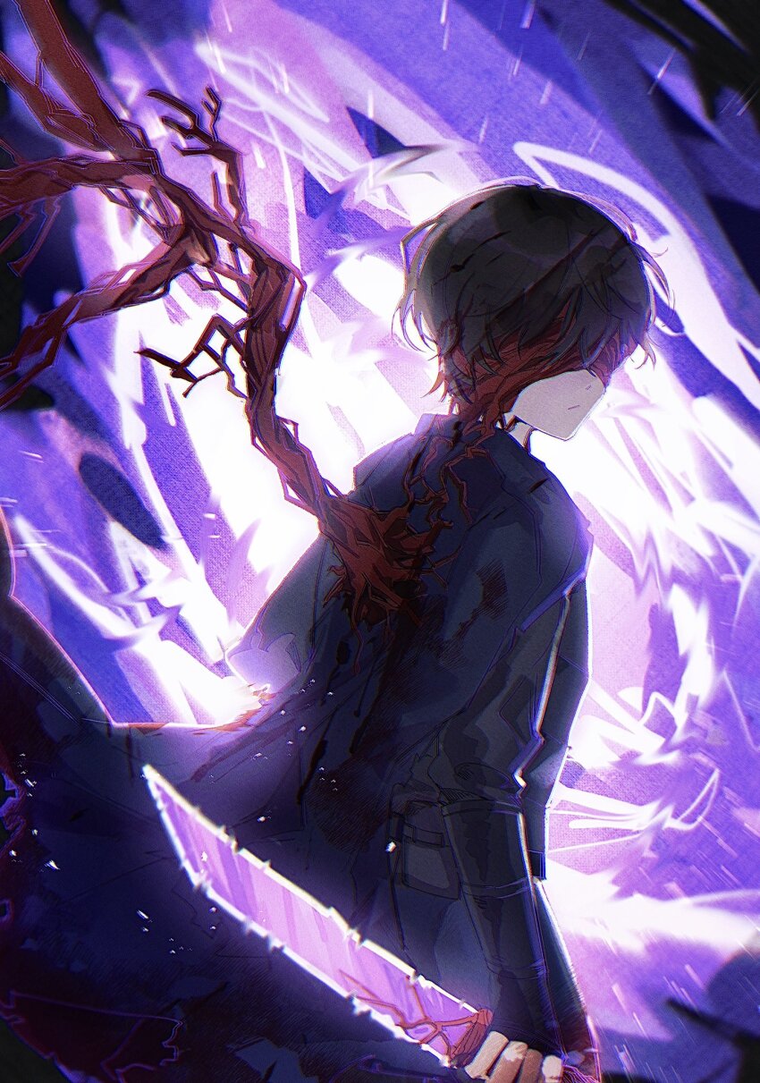 1boy, black_gloves, black_hair, black_shirt, blue_coat, closed_mouth, coat, coat_on_shoulders