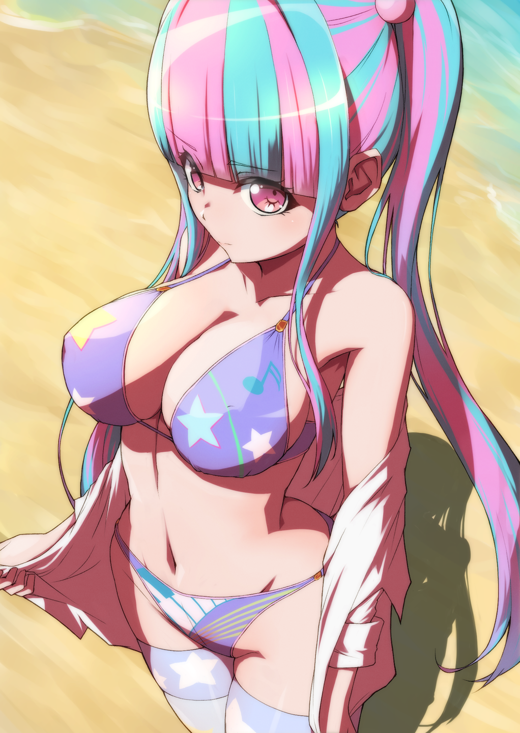 1girl, arched_back, arms_at_sides, bang_dream!, bang_dream!_girls_band_party!, bare_shoulders, beach, bikini, blue_hair, blunt_bangs, breasts, cleavage, closed_mouth, clothes_grab, collarbone, commentary_request, covered_erect_nipples, cowboy_shot, day, from_above, grey_thighhighs, groin, hair_bobbles, hair_ornament, halterneck, highres, hiraken, large_breasts, long_hair, looking_at_viewer, looking_up, multicolored_hair, musical_note, musical_note_print, navel, nyubara_reona, off_shoulder, open_clothes, open_shirt, outdoors, pink_eyes, pink_hair, print_bikini, print_thighhighs, purple_bikini, shadow, shirt, sidelocks, sixteenth_note, solo, standing, star_(symbol), star_print, star_print_bikini, stomach, swimsuit, thighhighs, twintails, two-tone_hair, very_long_hair, water, white_shirt