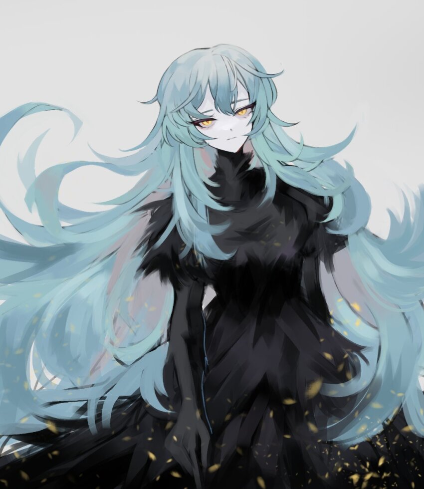 1girl, aka_dang, angela_(project_moon), black_dress, black_feathers, black_gloves, blue_hair, closed_mouth