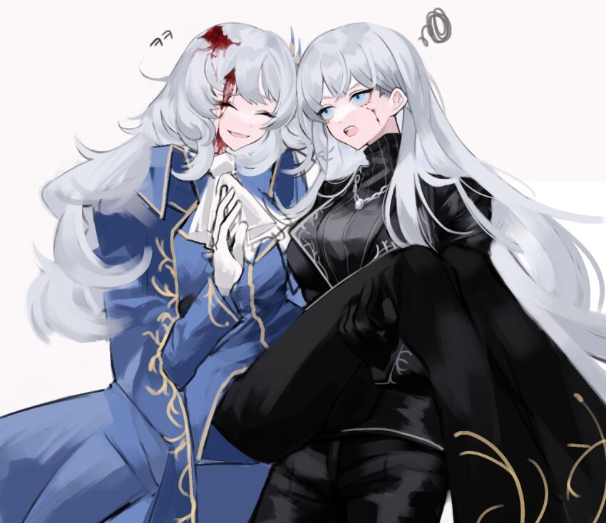 1boy, 1girl, aka_dang, angelica_(project_moon), argalia_(project_moon), black_jacket, black_pants, black_sweater