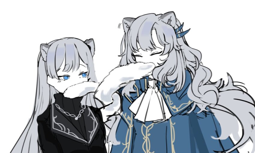 1boy, 1girl, aka_dang, angelica_(project_moon), animal_ears, argalia_(project_moon), ascot, black_jacket