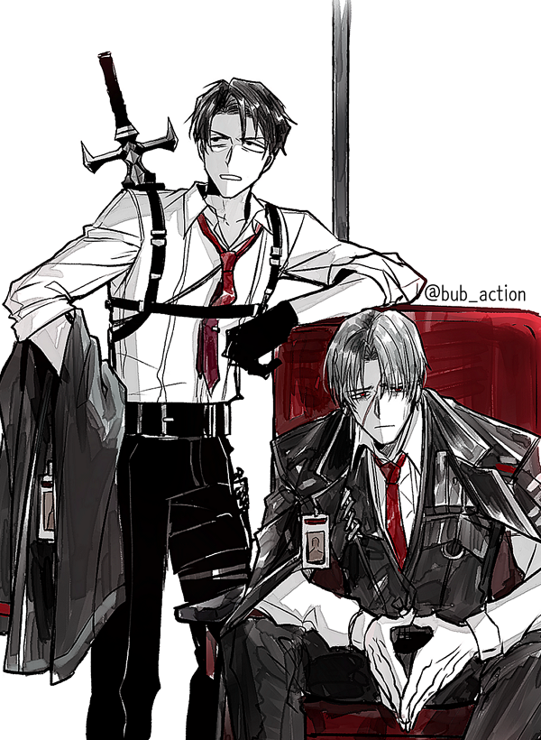 2boys, black_coat, black_eyes, black_gloves, black_hair, black_pants, bub_action, chest_harness, closed_mouth, coat, coat_on_shoulders, collared_shirt, gloves, grey_hair, harness, library_of_ruina, limbus_company, looking_to_the_side, multiple_boys, pants, parted_bangs, parted_lips, project_moon, roland_(project_moon), shirt, simple_background, sitting, sleeves_rolled_up, sword, vergilius_(project_moon), weapon, white_background, white_shirt