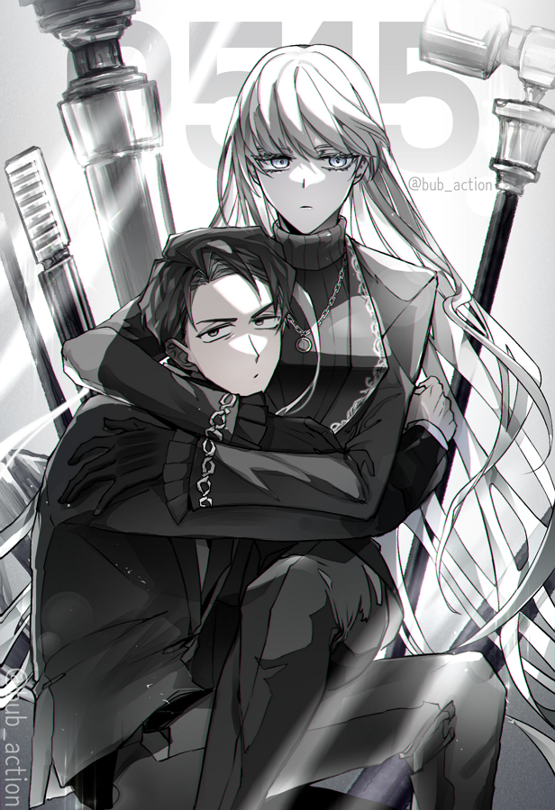 1boy, 1girl, angelica_(project_moon), black_eyes, black_gloves, black_hair, black_jacket, black_necktie, black_pants, black_sweater, bub_action, chain, closed_mouth, frilled_sleeves, frills, gloves, hammer, hug, husband_and_wife, jacket, jewelry, lance, library_of_ruina, long_hair, long_sleeves, necklace, necktie, pants, polearm, project_moon, ribbed_sweater, roland_(project_moon), sweater, turtleneck, turtleneck_sweater, very_long_hair, war_hammer, weapon, white_hair