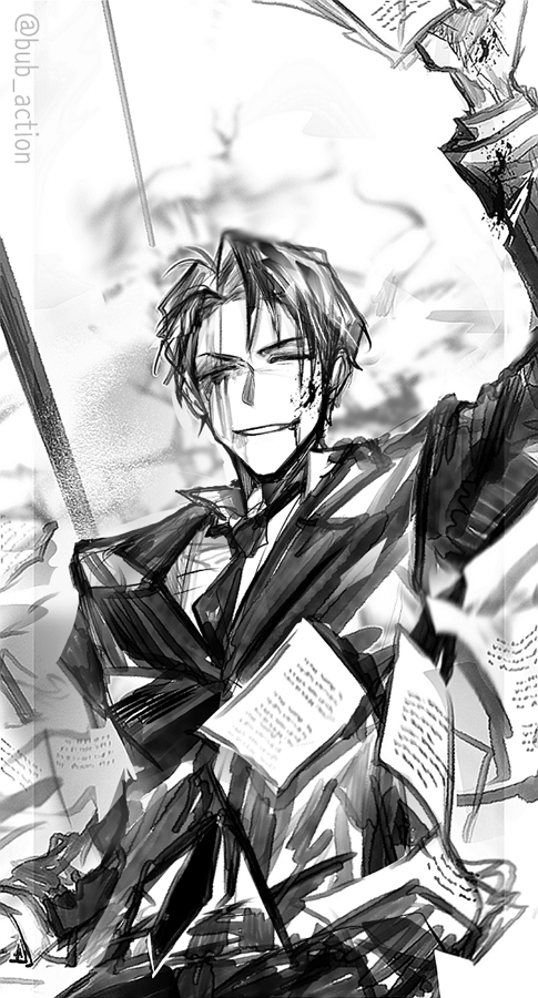 1boy, arm_up, blood, blood_on_face, book, bub_action, collared_shirt, formal_clothes