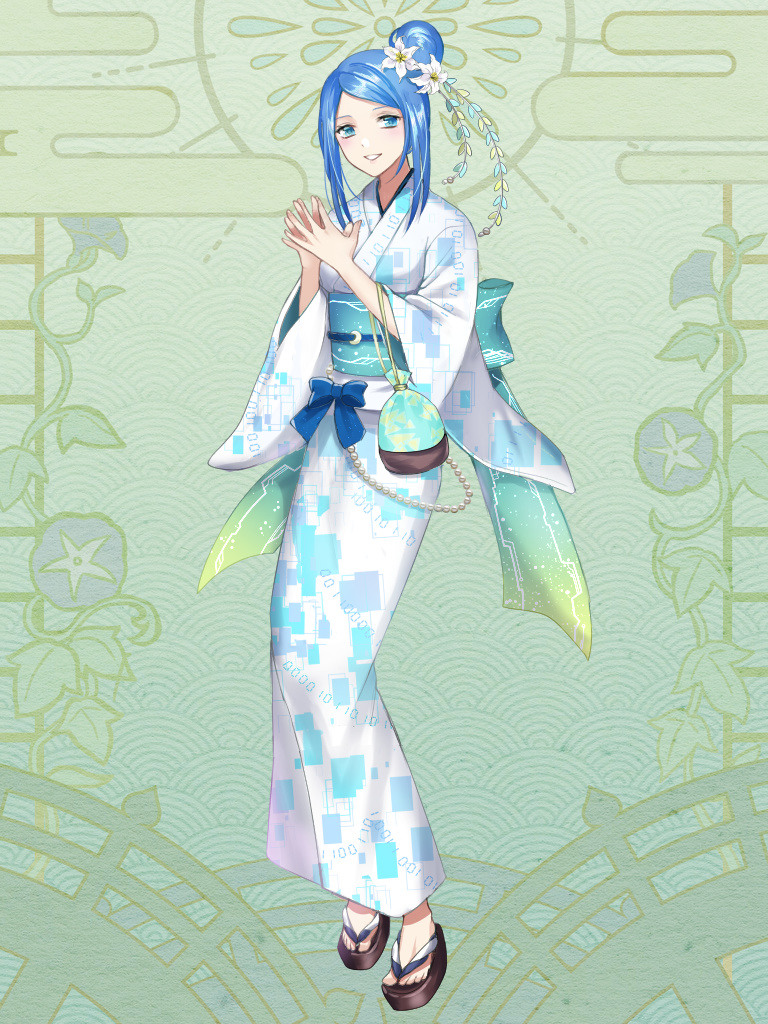 1girl, blue_bow, blue_hair, bow, dairoku_ryouhei, flower, full_body, green_background