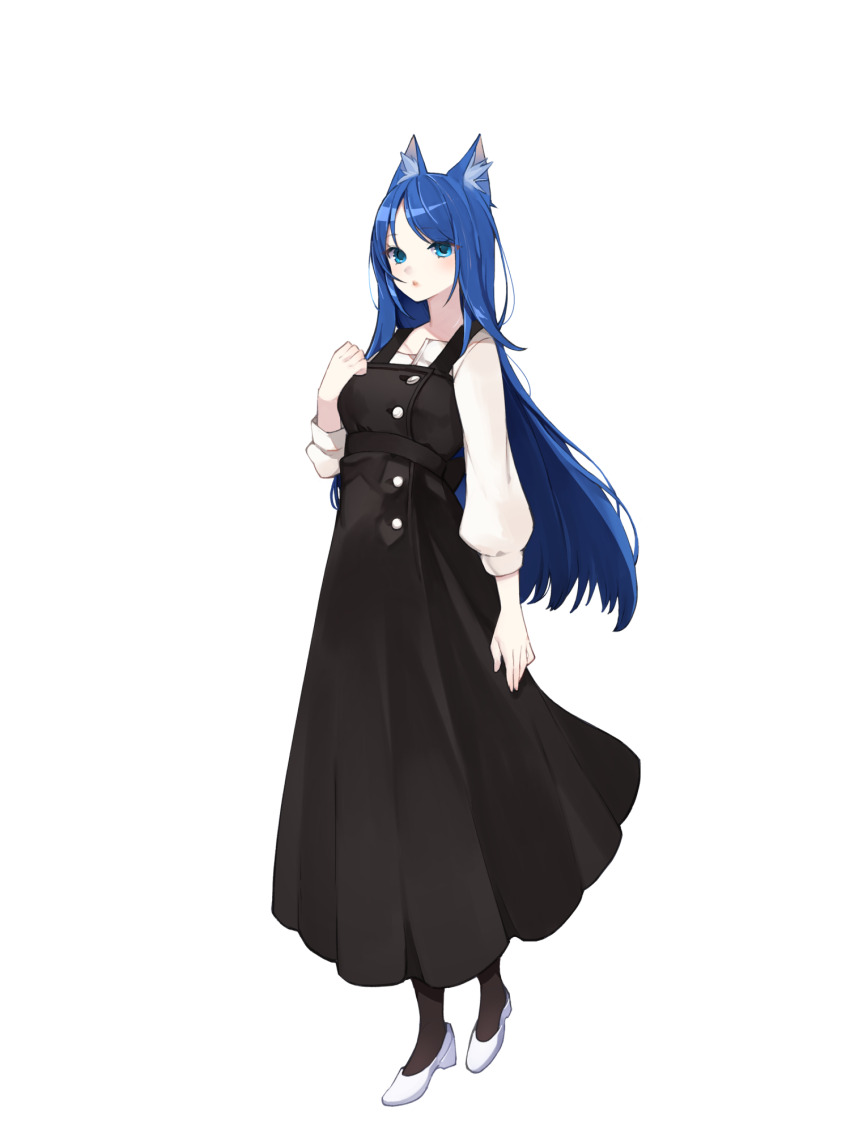 1girl, animal_ear_fluff, animal_ears, arm_at_side, blue_eyes, blue_hair, dairoku_ryouhei, dress, full_body, hand_up, highres, kuroemono_(tw), long_hair, long_sleeves, looking_at_viewer, none_emme, solo, standing, very_long_hair, white_footwear