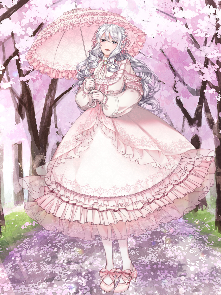 1girl, accurate_lolita_coord, brooch, caroline_black, cherry_blossoms, dairoku_ryouhei, dress, flower