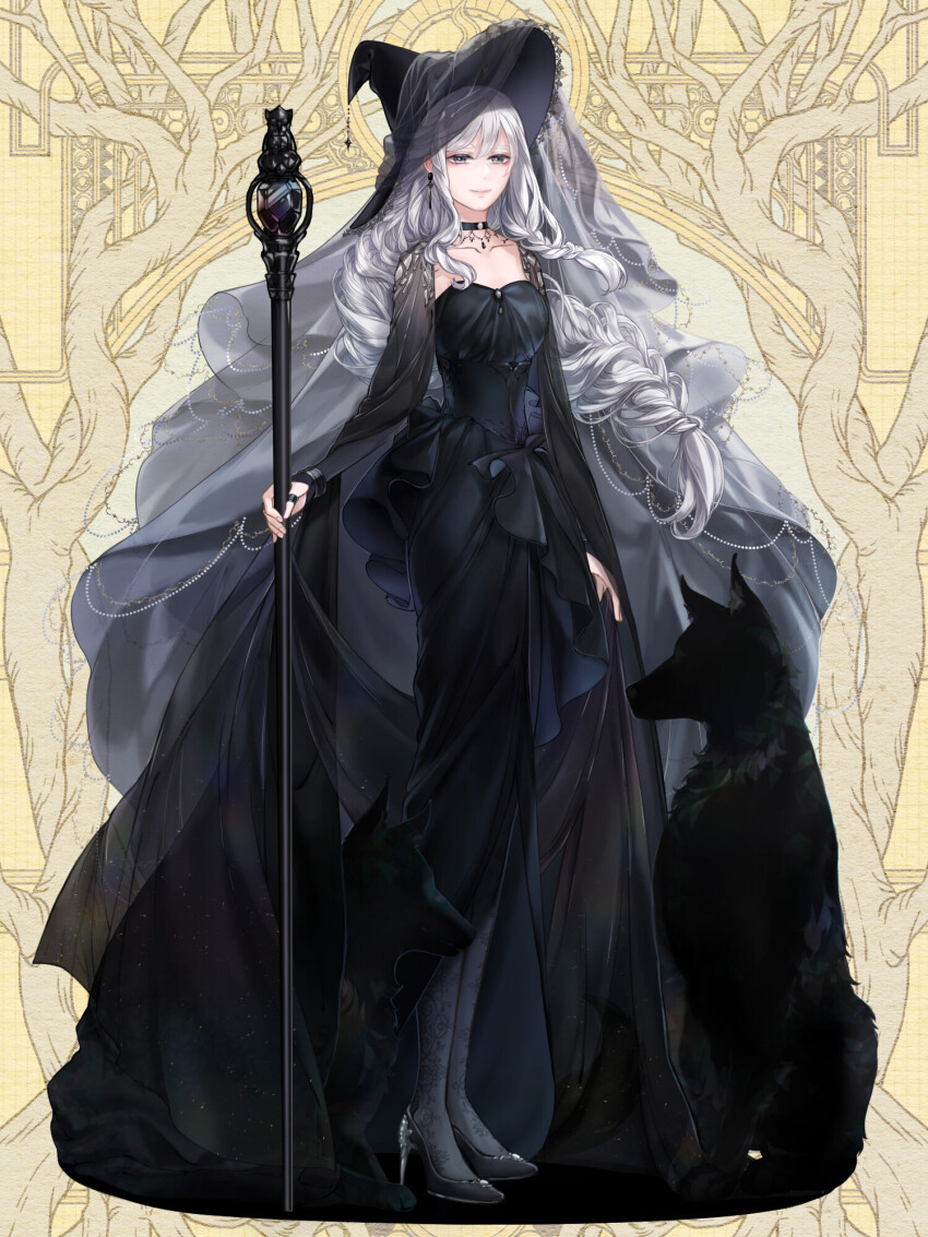 1girl, black_dress, black_eyes, black_footwear, black_headwear, black_pantyhose, braid, breasts, caroline_black, choker, dairoku_ryouhei, dog, dress, full_body, highres, holding_own_dress, jewelry, long_hair, pantyhose, ring, saeji_(tw), small_breasts, solo, staff, standing, veil, white_hair