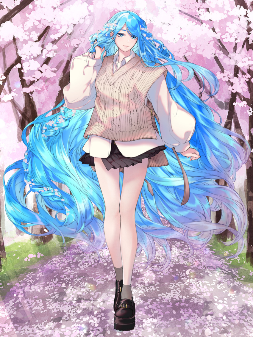 1girl, black_footwear, black_skirt, blue_eyes, blue_hair, braid, cherry_blossoms, dairoku_ryouhei