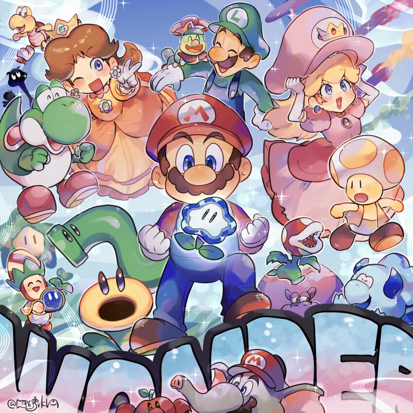 2girls, 4boys, :d, :o, ;d, ^_^, arm_up, artist_name