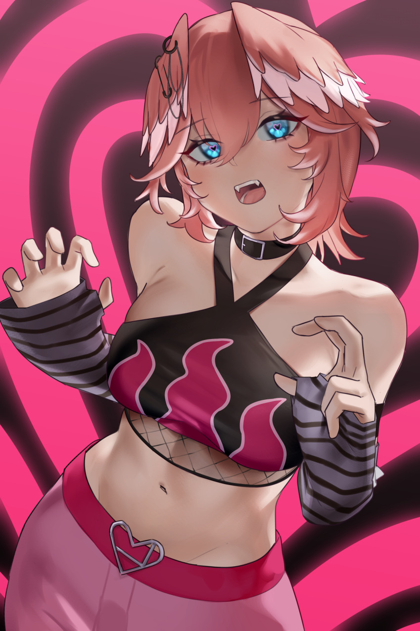 1girl, absurdres, aragiken, bare_shoulders, belt, black_bustier, black_collar, blue_eyes, breasts, buckle, bustier, collar, detached_sleeves, fangs, fishnet_top, fishnets, grey_sleeves, hair_between_eyes, head_tilt, head_wings, heart, heart-shaped_buckle, heart-shaped_pupils, highres, hololive, lavie_(vocaloid), long_sleeves, looking_at_viewer, medium_breasts, midriff, navel, pants, piercing, pink_belt, pink_hair, pink_pants, short_hair, solo, symbol-shaped_pupils, takane_lui, vampire, virtual_youtuber, wing_piercing, wings, y2k_fashion