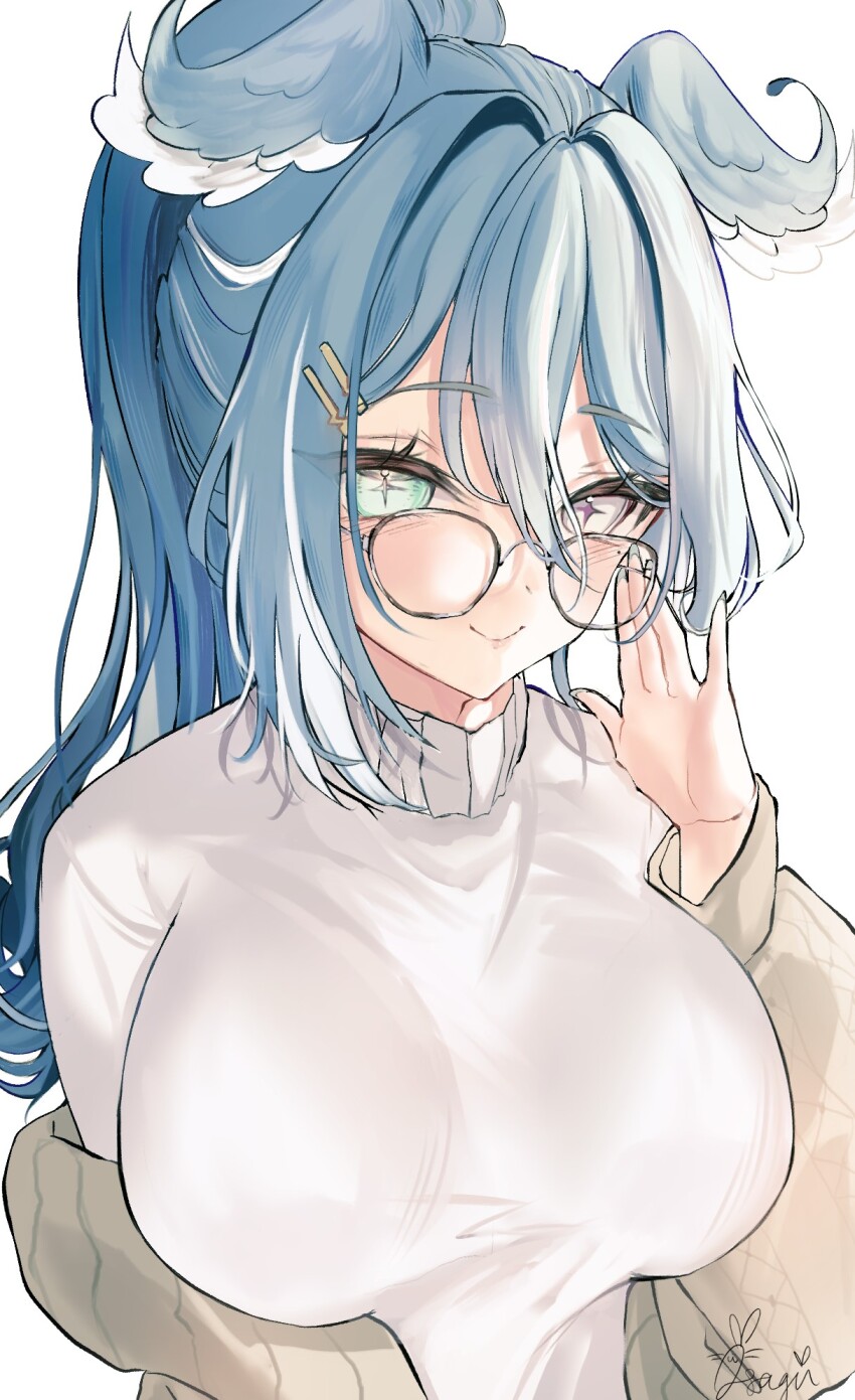 +_+, 1girl, blue_eyes, blue_hair, blue_wings, blush, breasts, brown_cardigan, cardigan, elira_pendora, elira_pendora_(3rd_costume), glasses, hair_between_eyes, hair_ornament, hairclip, head_wings, heterochromia, highres, large_breasts, long_hair, looking_at_viewer, mole, mole_under_eye, multicolored_hair, nijisanji, nijisanji_en, official_alternate_costume, purple_eyes, round_eyewear, signature, smile, solo, sweater, usagii_11, virtual_youtuber, white_background, white_hair, white_sweater, wings