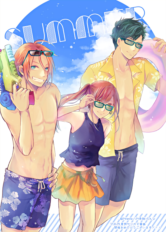 2boys, adjusting_eyewear, asahina_yui, black_male_swimwear, blue_eyes, blue_male_swimwear, brown_hair, dated, day, grin, hawaiian_shirt, holding, holding_swim_ring, holding_water_gun, innertube, la_corda_d'oro_starlight_orchestra, long_hair, male_swimwear, multiple_boys, navel, nishina_ryosuke, open_clothes, open_shirt, orange_skirt, outdoors, ranna-p, sasazuka_hajime, shirt, skirt, smile, summer, sunglasses, super_soaker, swim_ring, swim_trunks, toned, water_gun, yellow_shirt